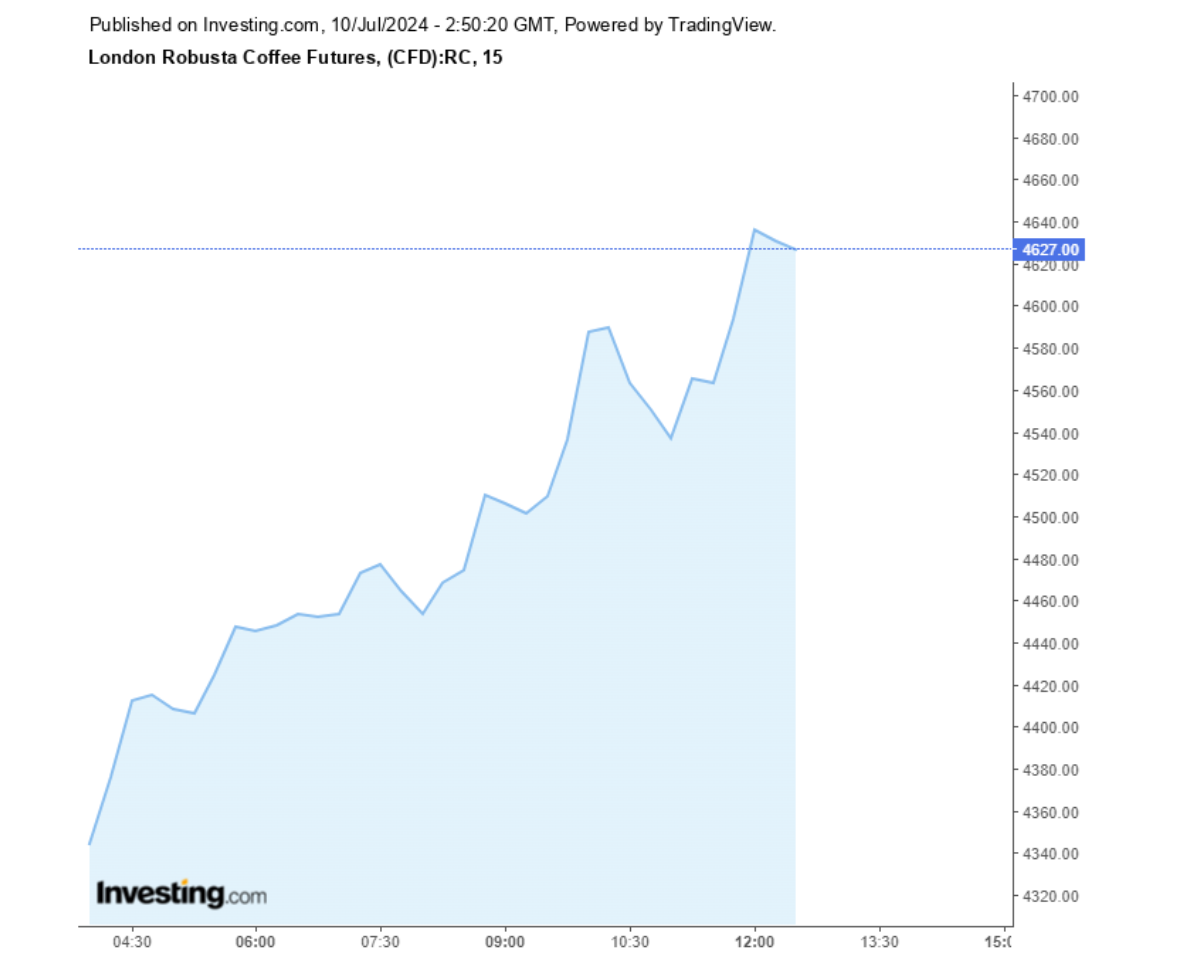 Biểu đồ giá cà phê Robusta sàn London ngày 10/07/2024