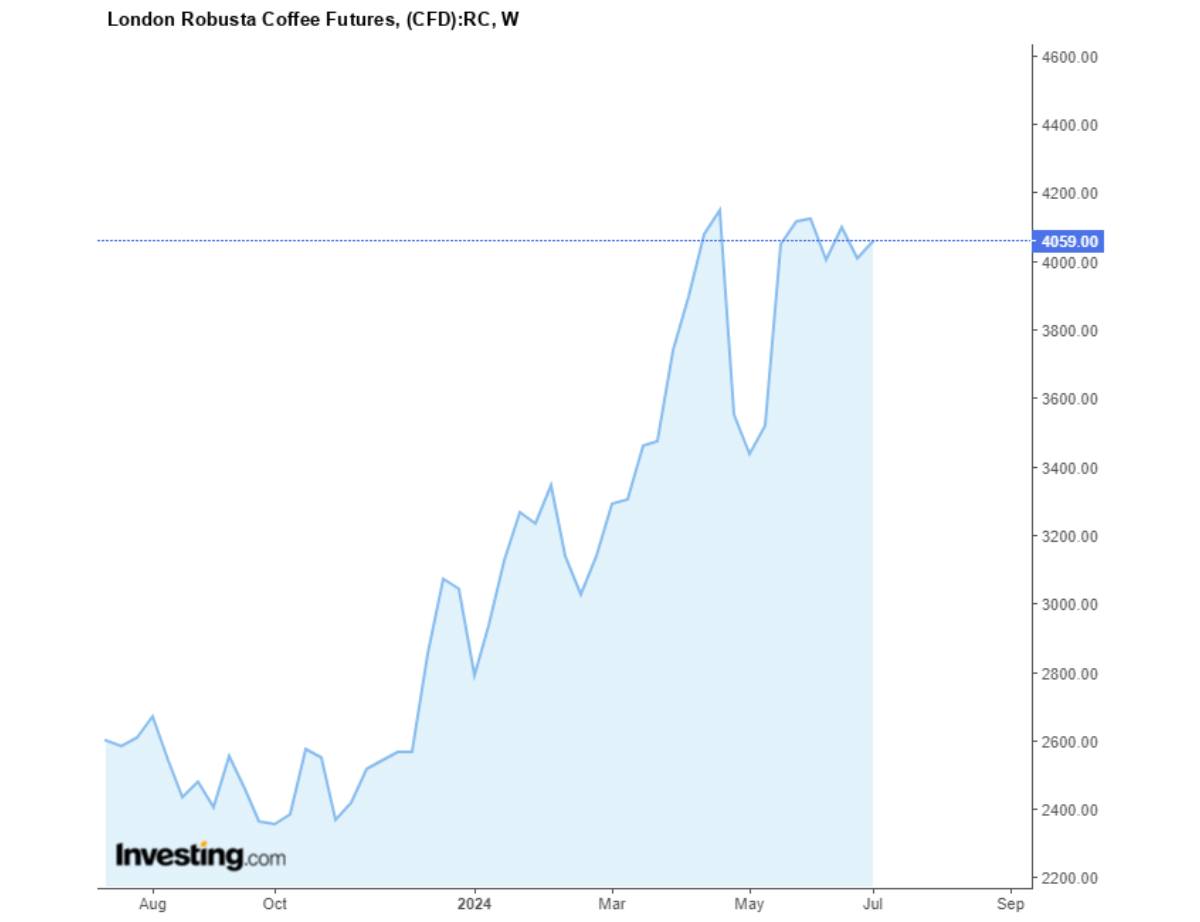 Biểu đồ biến động giá cà phê Robusta sàn London trong vòng 1 năm qua