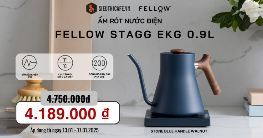 Ấm Rót Nước Điện Fellow Stagg EKG 0.9L – Stone Blue Tay Cầm Gỗ Walnut