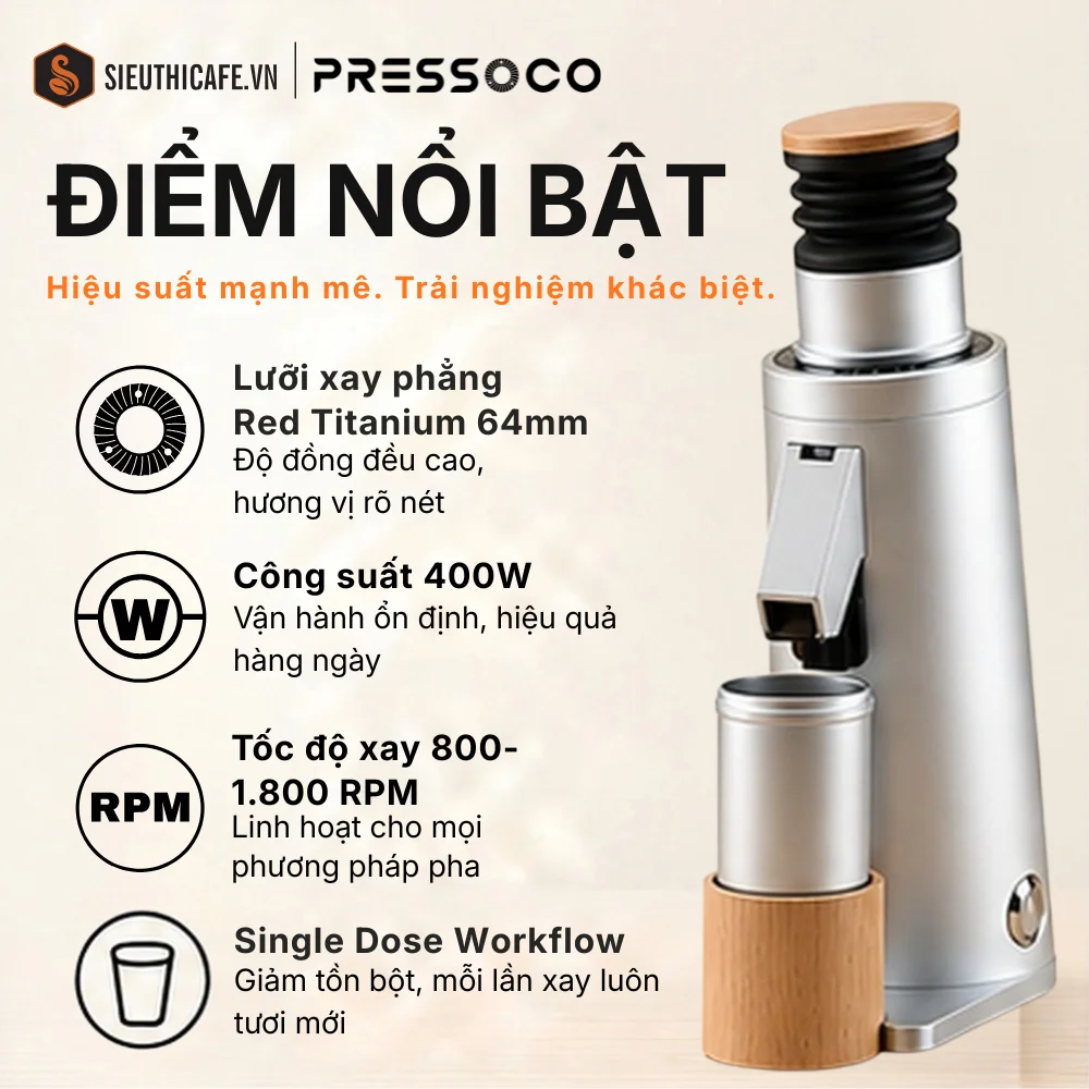 Điểm nổi bật của Pressoco DF64V Gen 3: lưỡi Red Titanium 64mm, 400W, 800-1800 RPM