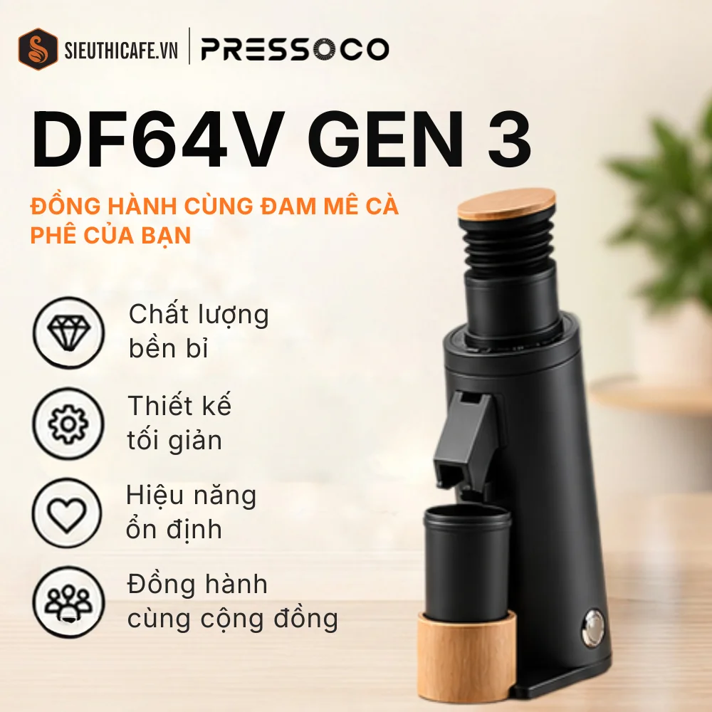 Máy xay cà phê Pressoco DF64V Gen 3 màu đen đặt trên bàn gỗ